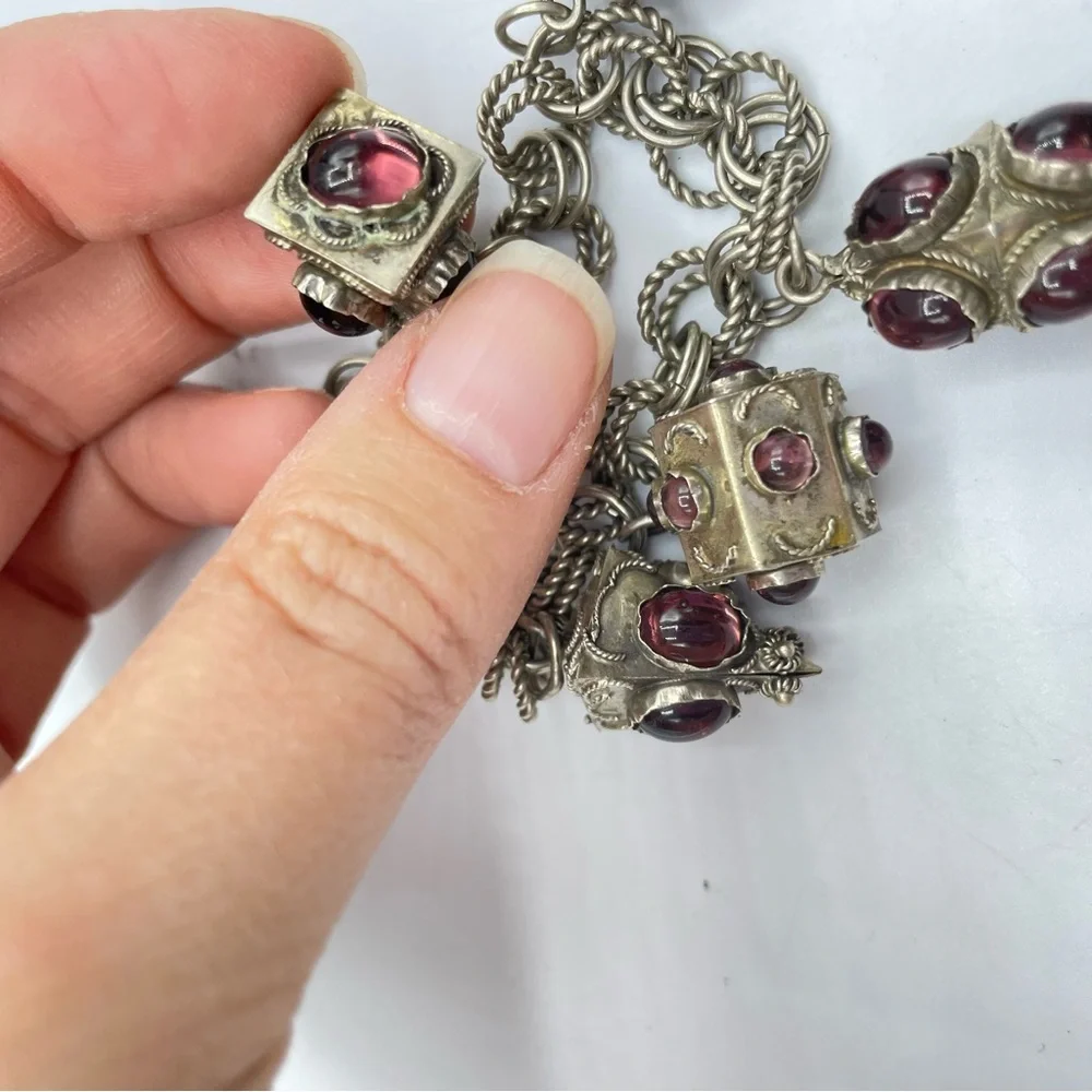 Silver Tone & Red Chunky Bead Charm Bracelet Vintage Style Costume_6